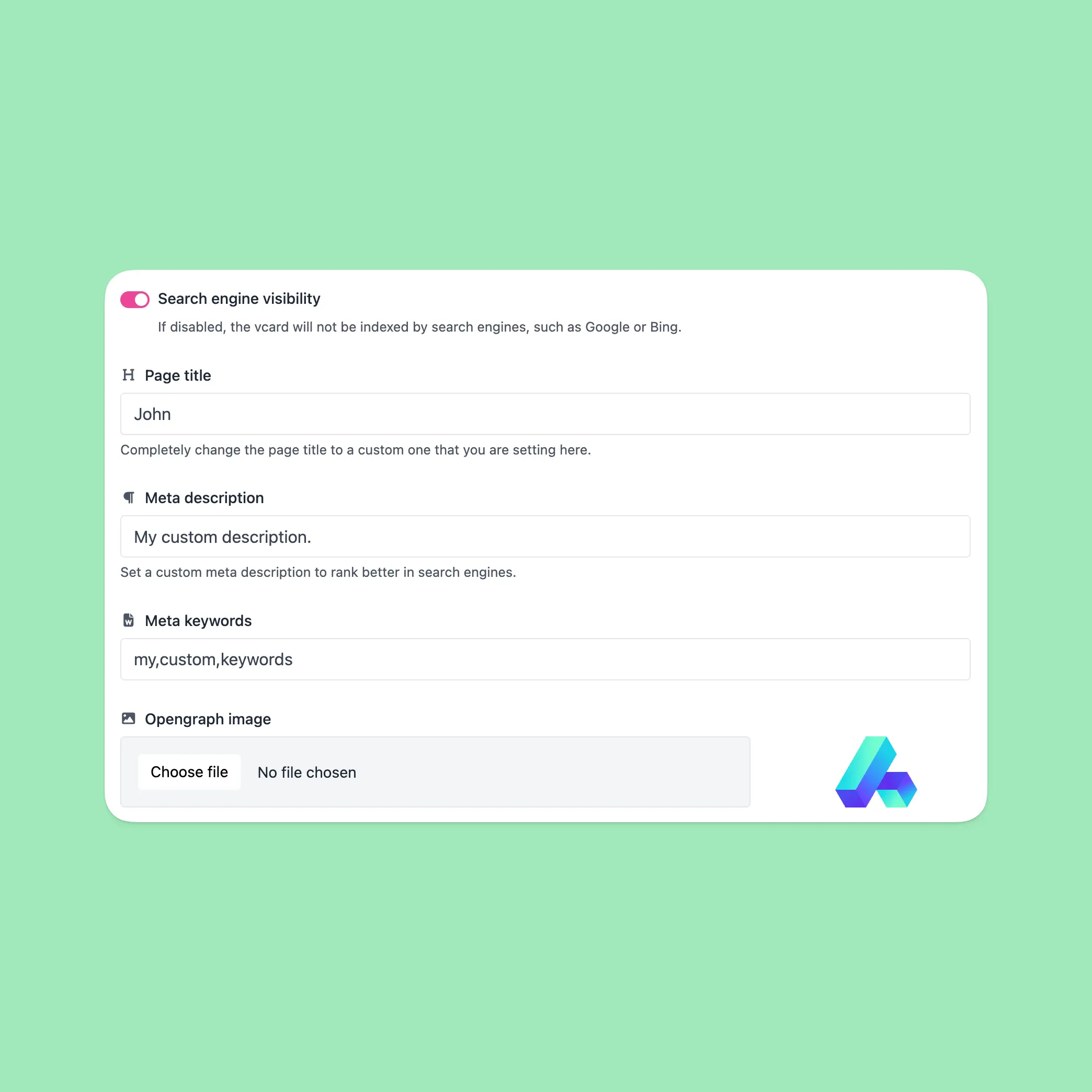 Ảnh chụp màn hình trang cài đặt SEO vcard của ứng dụng